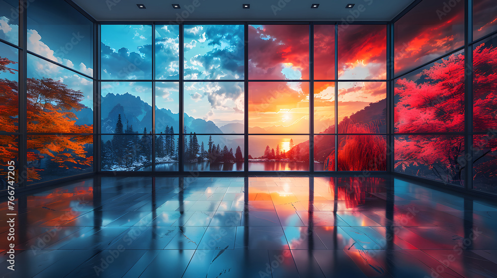 An expansive room with a glossy floor presents a breathtaking view through large glass windows, showcasing four different seasonal landscapes in a seamless display - obrazy, fototapety, plakaty 