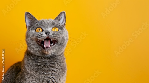 A grey British shorthair cat smiling and doing a yodel hand gesture in front of against a vibrant white background © KumCup