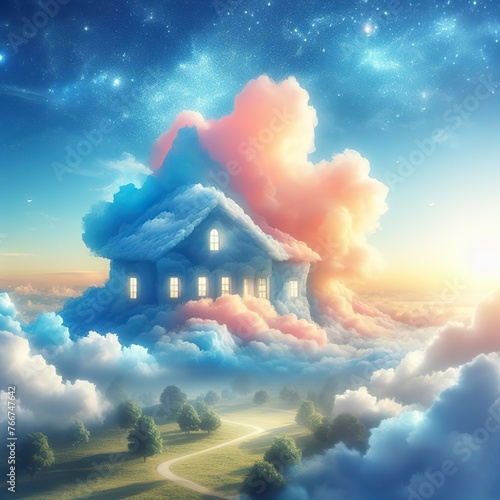 Lightly colored cloud sculpted into the shape of a house in the clear blue sky