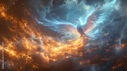 Majestic phoenix in flight, its wings ablaze with fiery and icy hues against a dramatic cosmic backdrop