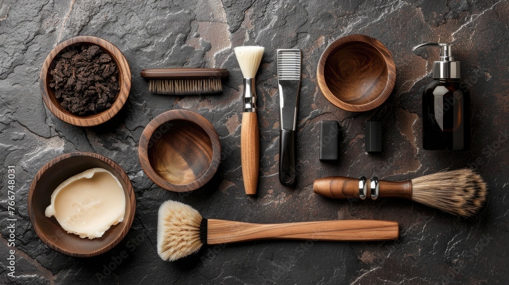 A premium array of wooden shaving accessories and natural grooming products neatly arranged on a textured dark stone surface. A premium array of wooden shaving accessories and natural grooming products neatly arranged on a textured dark stone surface.