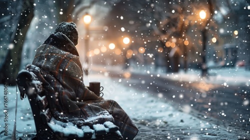 A close up of a snowcovered park bench with a lone figure sitting wrapped in a blanket a steamy cup of coffee in hand. The contrast between their frigid surroundings and the