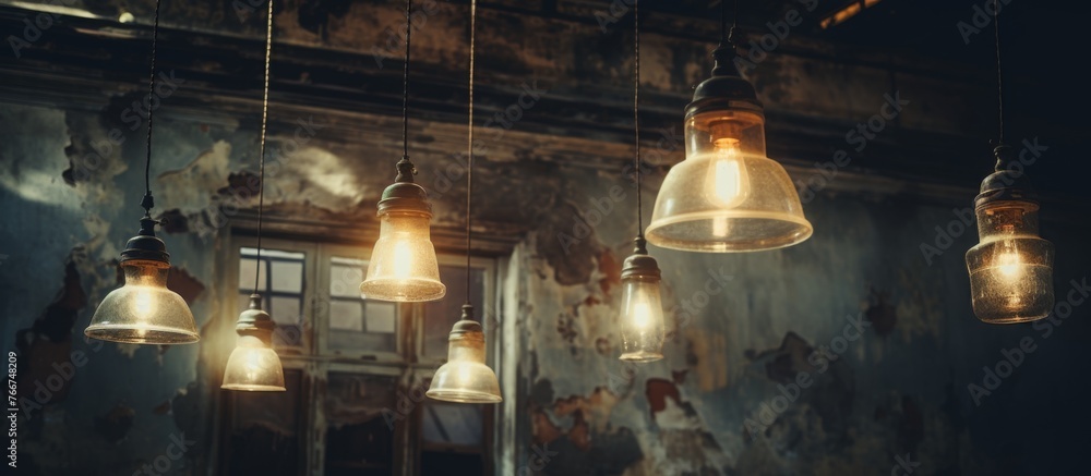 Numerous light fixtures are suspended from the ceiling in a dimly lit room, creating a beautiful display of illumination