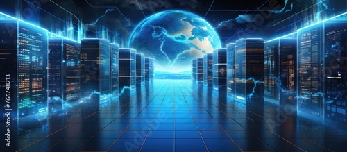 A row of servers in a data center is set against a backdrop of a glowing globe, depicting symmetry and connectivity in a world of electric blue hues photo