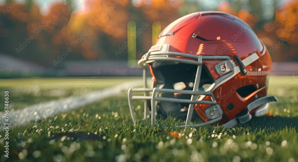 An American football helmet on the field with yard lines in view An American football helmet on the field with yard lines in view