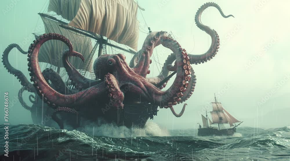 Nautical Encounter: A pirate ship encounters a giant octopus in the ...