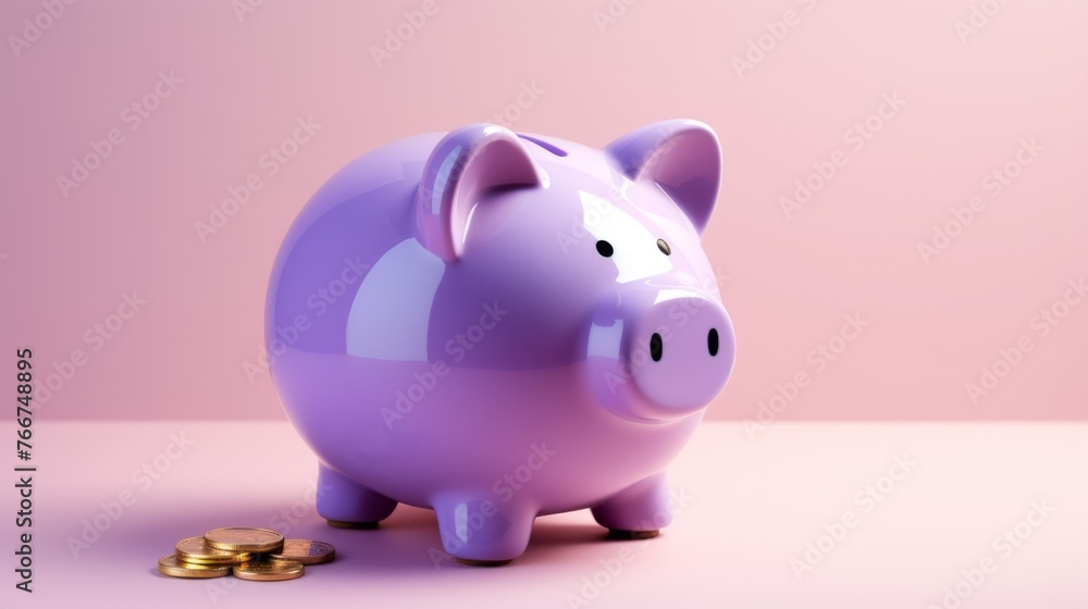 Shiny Purple Piggy Bank with Coins on Pink Background for Savings Concept
