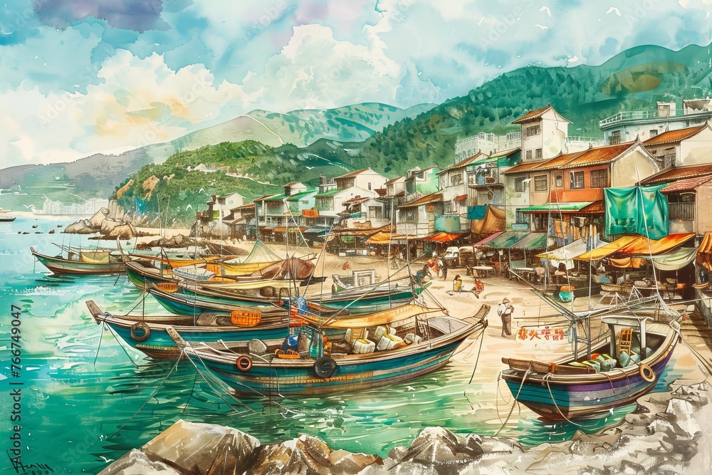 An illustration of a bustling Asian fishing village, with colorful boats lined up along the shore and fishermen unloading their catch, Generative AI