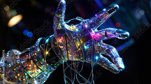 A hand encased in a metallic glove with sensors visibly embedded on the fingers and palm. These sensors are connected to wires that s up the dancers arm allowing them to interact photo