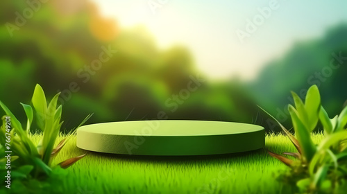 Green background with natural green grass podium