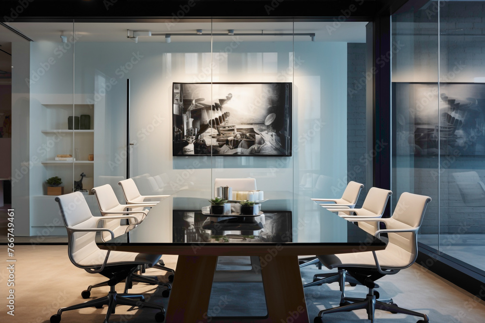 A sleek meeting room with a blend of contemporary and industrial aesthetics. The pristine white empty frame on the wall invites personalized embellishments.