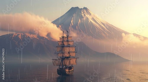 Tranquil Seascape: A ship glides peacefully on calm ocean waters, framed by majestic mountains in the distance, creating Seamless looping 4k time-lapse virtual video animation background. Generated AI photo