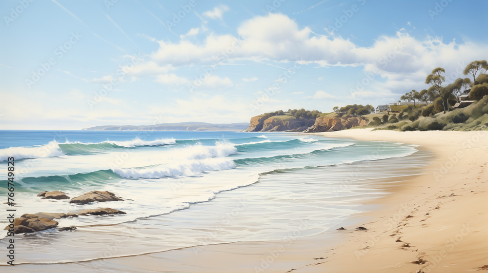 Captured in delicate watercolors, a peaceful beach tableau emerges, where the rhythmic dance of waves meets the rugged embrace of cliffs under a clear blue sky.