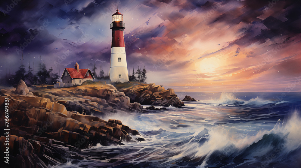 A captivating watercolor depiction captures the gathering storm clouds above a resilient lighthouse positioned on cliffs, amidst turbulent sea waves.