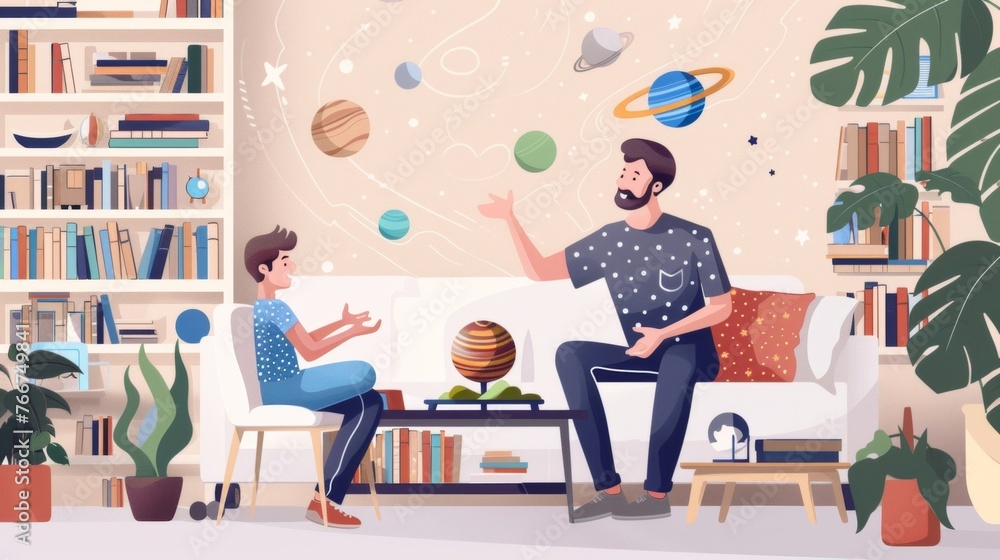 A father and his son sit in a cozy living room surrounded by various books about outer space. The father points to a model of the solar system while explaining it to his curious