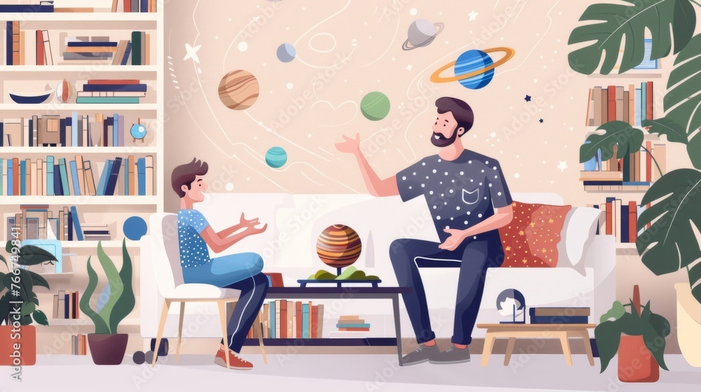 A father and his son sit in a cozy living room surrounded by various books about outer space. The father points to a model of the solar system while explaining it to his curious A father and his son sit in a cozy living room surrounded by various books about outer space. The father points to a model of the solar system while explaining it to his curious