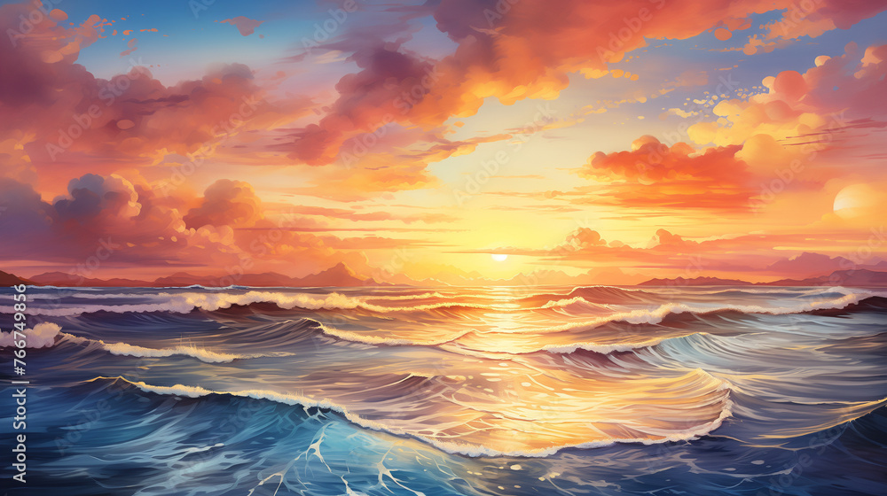 In a stunning watercolor depiction, rolling ocean waves unfold beneath a mesmerizing sunset sky filled with vivid colors, showcasing the dynamic beauty of nature's canvas.