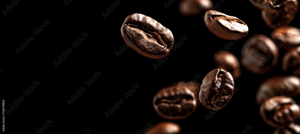 Levitating roasted coffee beans with copy space on dark background Levitating roasted coffee beans with copy space on dark background