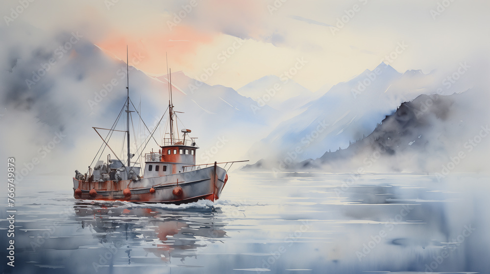 Watercolor illustration of a lone fishing boat sailing through misty waters with the backdrop of majestic, snow-capped mountains at dusk.