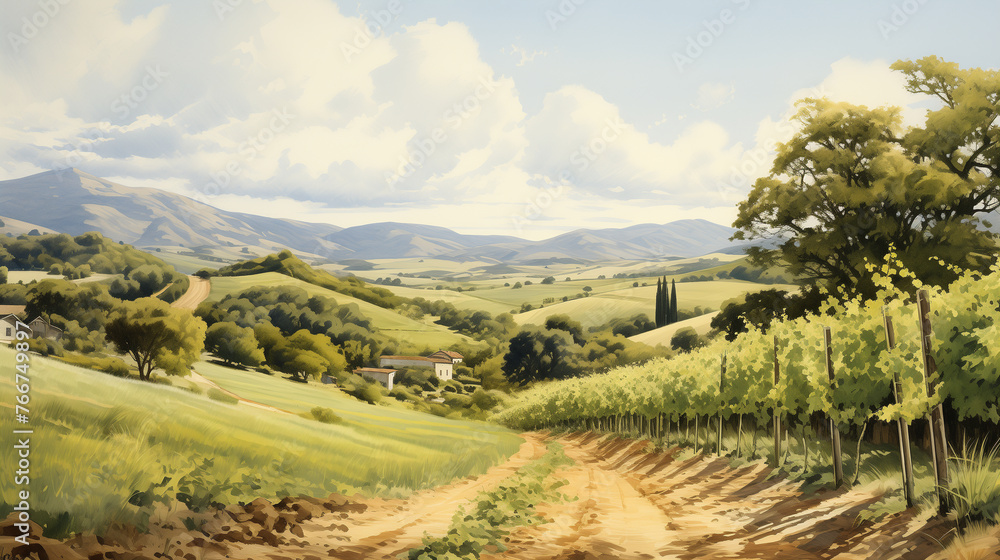 Idyllic landscape depicted in watercolor of traditional farmhouse nestled among green rolling hills and vineyards.