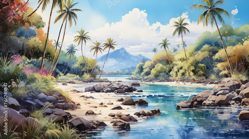 In a picturesque coastal scene painted with watercolors  an idyllic sunset graces a beach adorned with swaying palms and the rhythmic embrace of ocean waves.