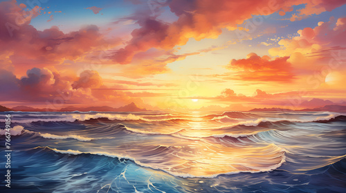 In a stunning watercolor depiction  rolling ocean waves unfold beneath a mesmerizing sunset sky filled with vivid colors  showcasing the dynamic beauty of nature s canvas.