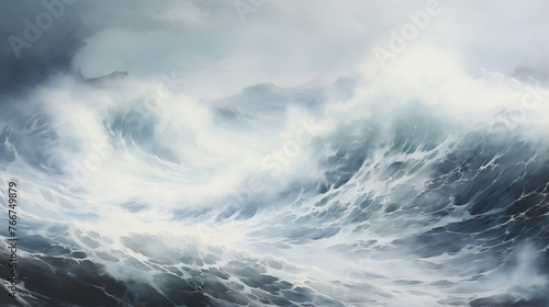 With skilled brushstrokes, a watercolor artist portrays the intensity of a crashing wave amid a turbulent sea, set against a backdrop of ominous, darkened clouds.