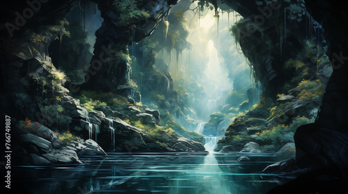 Scenic watercolor depiction of secret oasis with a picturesque waterfall descending into a peaceful jungle pool, encircled by verdant cliffs and sunlit greenery.