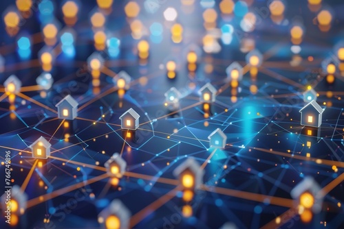 Network of connected homes. Smart real estate and digital property management concept with a futuristic network mesh