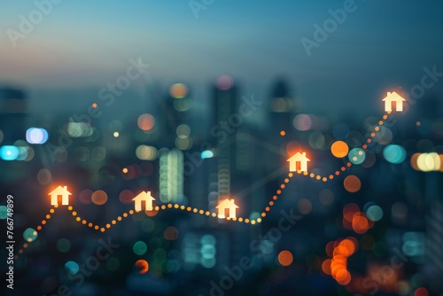 Abstract cityscape with rising house icons and upward trend line. Real estate growth and market concept on a blurred urban background