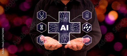 AI in healthcare concept, the transformative impact of AI in the field. AI revolutionizes medicine, enhancing efficiency, research, and accessibility, while fostering breakthrough discoveries