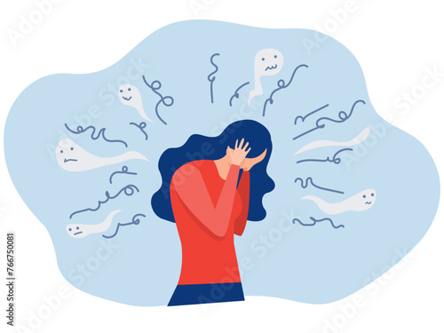 woman suffers or Stressed holds the head surrounded by thoughts,problem feel anxiety and confusion mental disease concepts. Flat vector design illustrations.