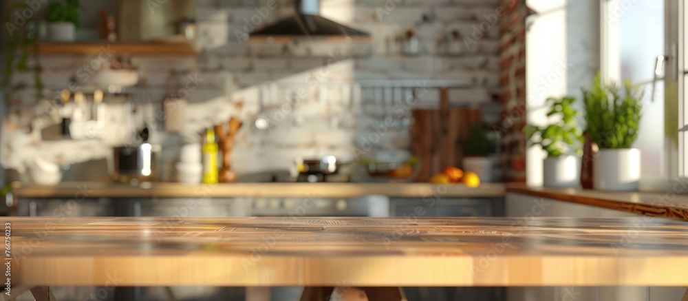 Kitchen room with a blurred background and a table on top of it.