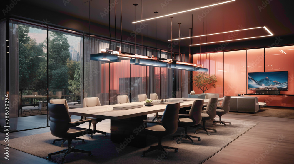 A sleek meeting room in coral and gray tones, featuring state-of-the-art technology and artistic lighting.