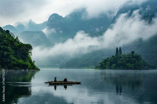 Asian fishermen fishing from a bamboo raft on a calm lake surrounded by lush green mountains, with mist rising from the water, Generative AI © ManusiaIkan