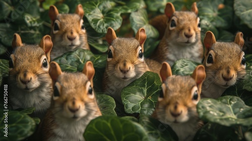 Multiple chipmunks peeking out from green leaves in a garden setting.