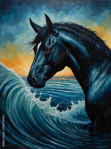Iridescent horse emerging from dark waters with a mystical aura.  Generative AI