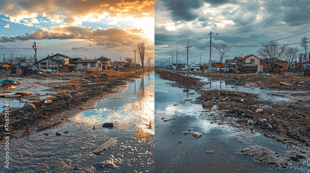 A collage of images depicting the before - and - after effects of environmental cleanup efforts, with polluted areas transformed into clean and healthy environments - obrazy, fototapety, plakaty 