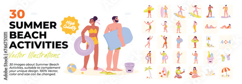 Collection of summer fun activities, equipment stock, water sport, beach playtime, cocktails, and summer holiday concept illustrations. Set of illustration of people playing at beach and having fun at