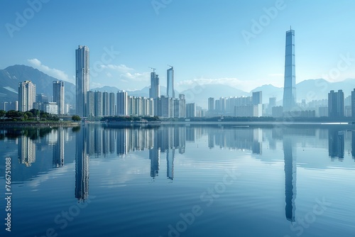 city skyline with reflection showing in lake 