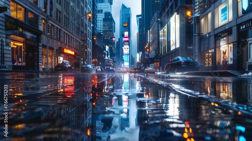 A view of a desolate city street slick with rain lined with tall buildings and reflecting the dim city lights in puddles on the ground. photo