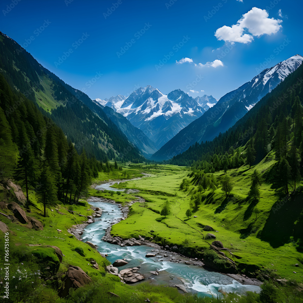 Panoramic Vista of A Lush Valley with A Serene River, Enveloped By Snow-Capped mountains and Blue Skies