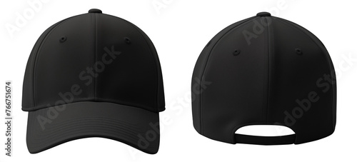 front and back view of a black baseball cap PNG mockup isolated on a white and transparent background - baseball headwear cut-out  photo