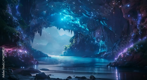 A hidden underwater cave entrance, bioluminescent creatures guiding the way
