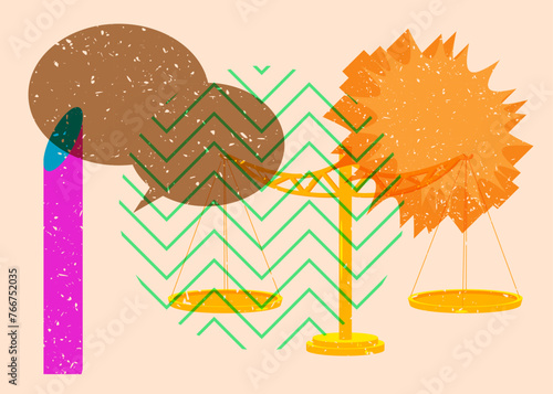 Risograph Scale with speech bubble with geometric shapes. Objects in trendy riso graph print texture style design with geometry elements.