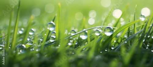 A close up of a field of grass, with water drops on each blade, glistening in the sunlight. The moisture from the dew creates a beautiful natural carpet of liquid on the terrestrial plants