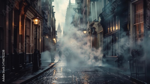 A tranquil stillness settles over the streets interrupted only by the rising steam as it adds a touch of magic to the postrain atmosphere.
