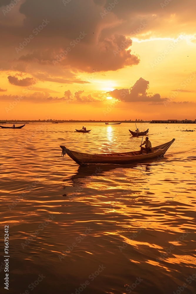 A tranquil scene of Cambodian fishermen in small wooden boats on the Tonle Sap Lake, with floating villages in the background, Generative AI