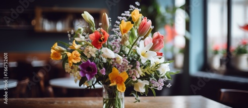 A beautiful flower arrangement in a vase is displayed on a wooden table, adding a pop of color to the room. The creative art of flower arranging brings life to the house