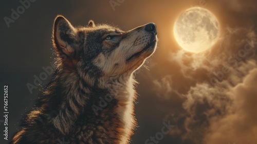 A wolf stares up at the solar eclipse, blending of the wild with celestial events, stark beauty , stock photographic style photo